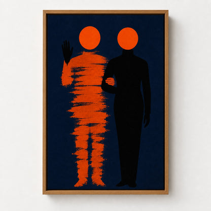 Orange Circle Minimalist Figures Floater Frame Canvas Wall Art — alternate room scene in a brown floater frame