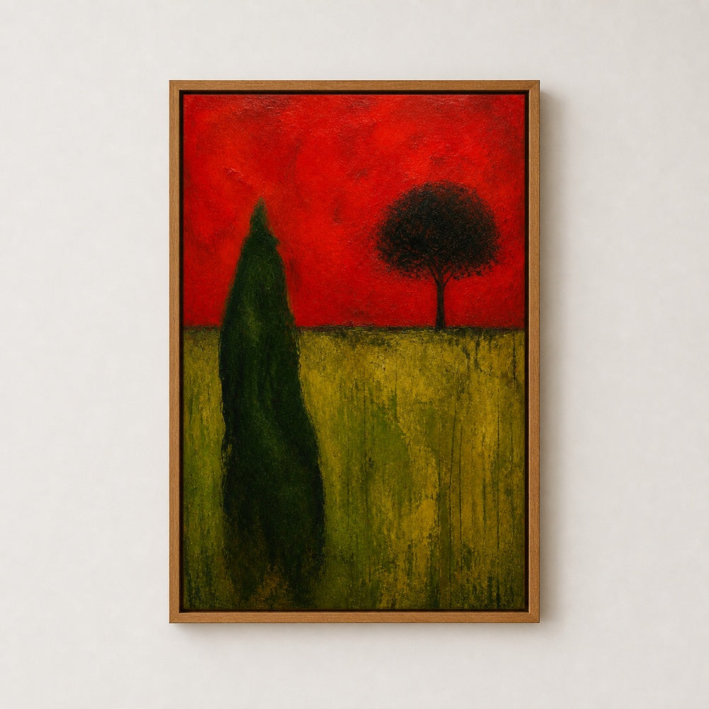 Green Organic Shape Red Sky Tree Expressionist Wall Art floating frame wall art - 05