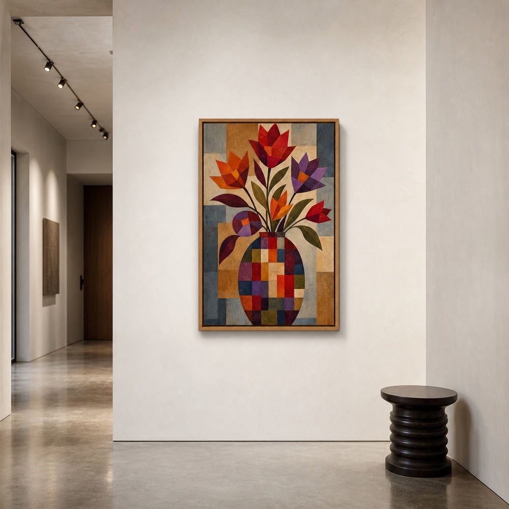 Geometric Mosaic Flower Vase Wall Art - 05_warm_oak_diverse_wall_scene