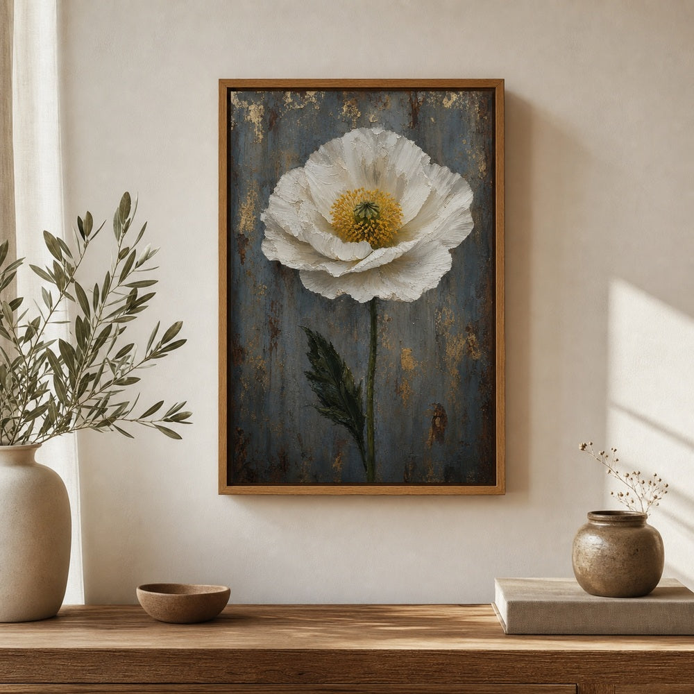 White Poppy Weathered Blue Wall Art floating frame wall art - 05