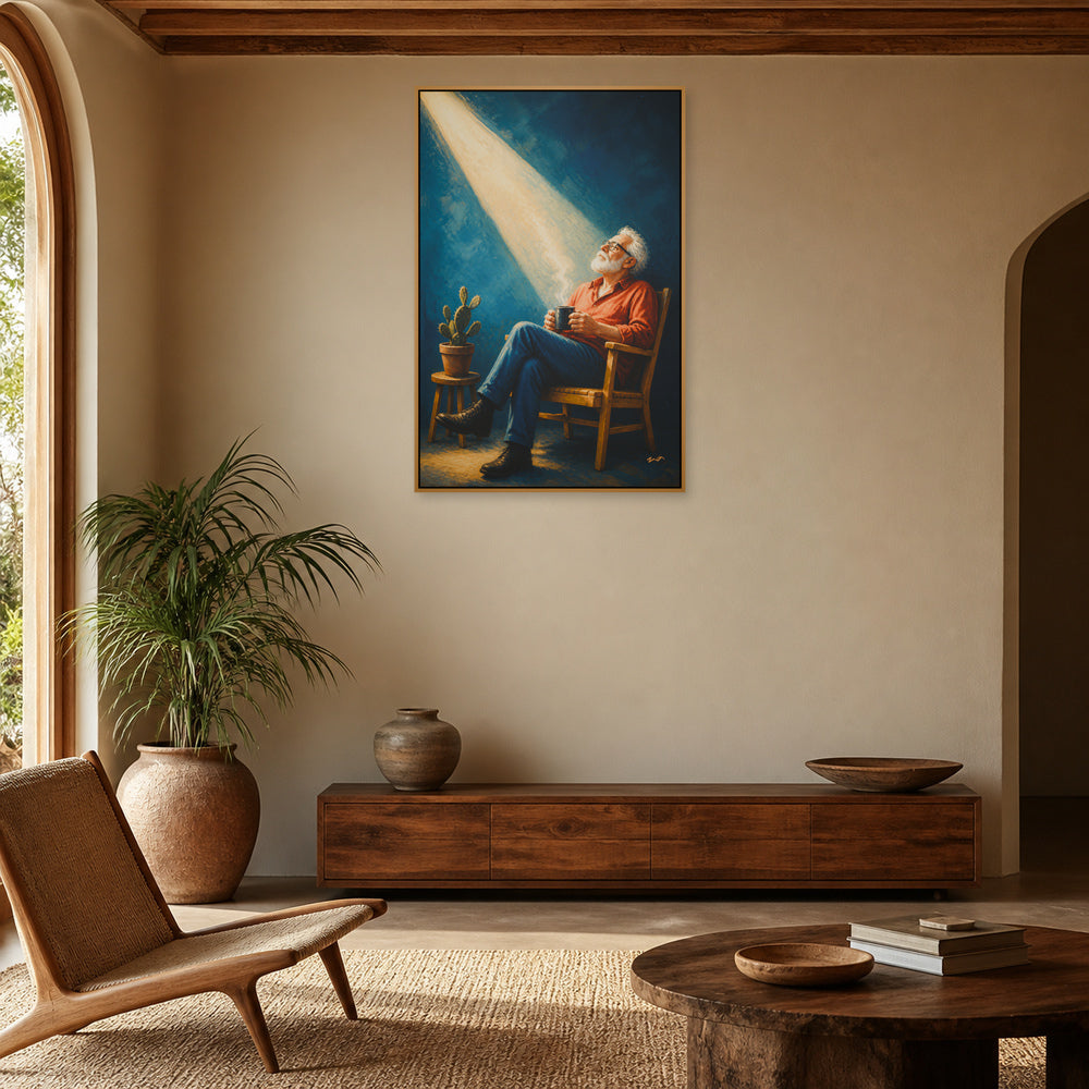 Elderly Man in a Beam of Light Floating Frame Wall Art - 05_warm_oak_wall_scene