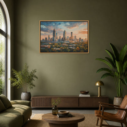 Atlanta Golden Hour Skyline Floating Frame Wall Art - 05_warm_oak_wall_scene