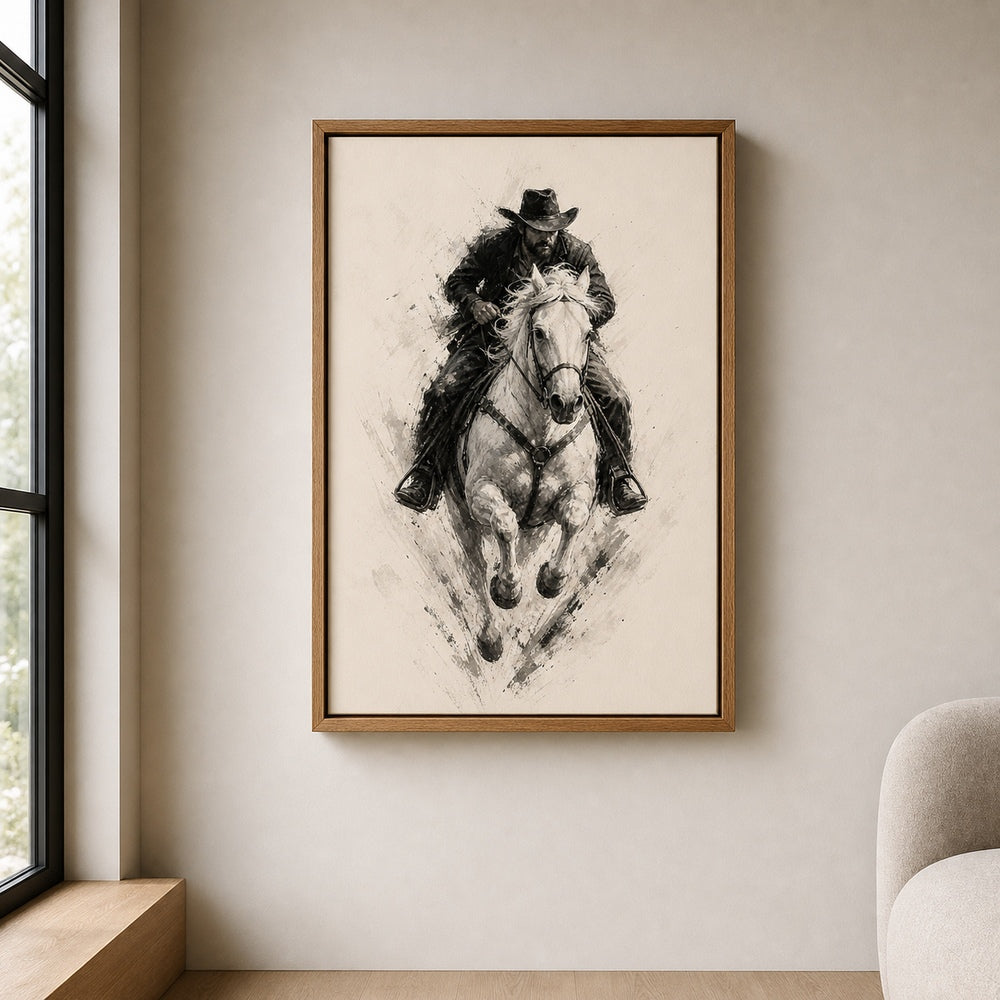 Minimal Black White Cowboy Horse Wall Art floating frame wall art - 05