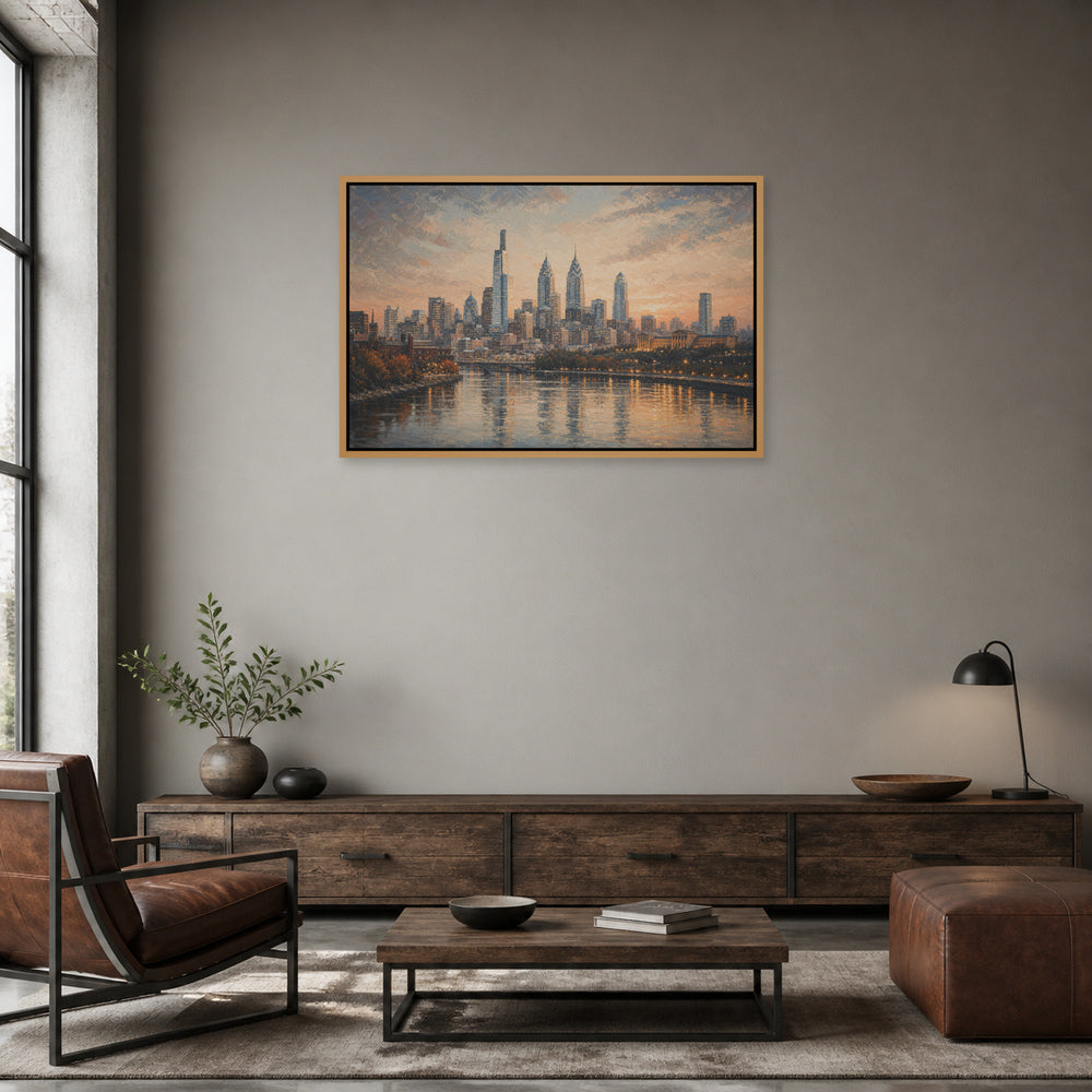 Philadelphia Sunset Skyline Floating Frame Wall Art - 05_warm_oak_wall_scene