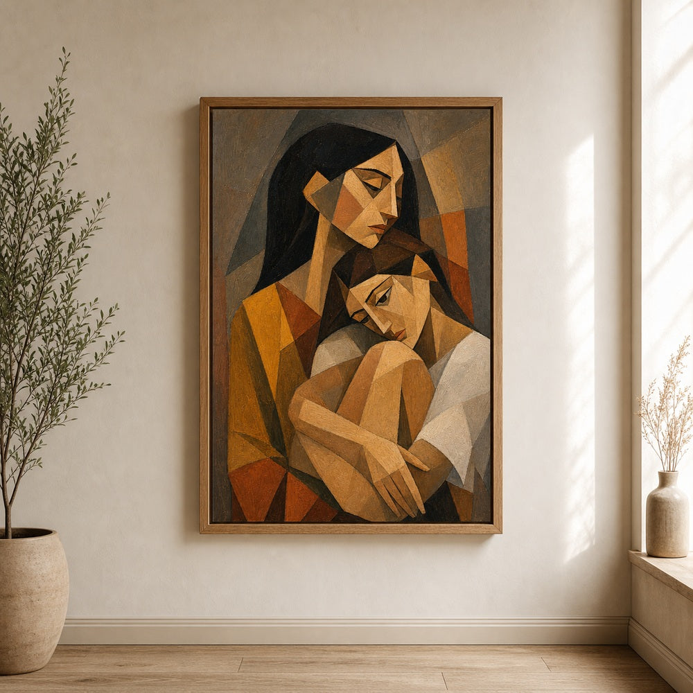 Cubist Two Women Embrace Earthtone Wall Art floating frame wall art - 05