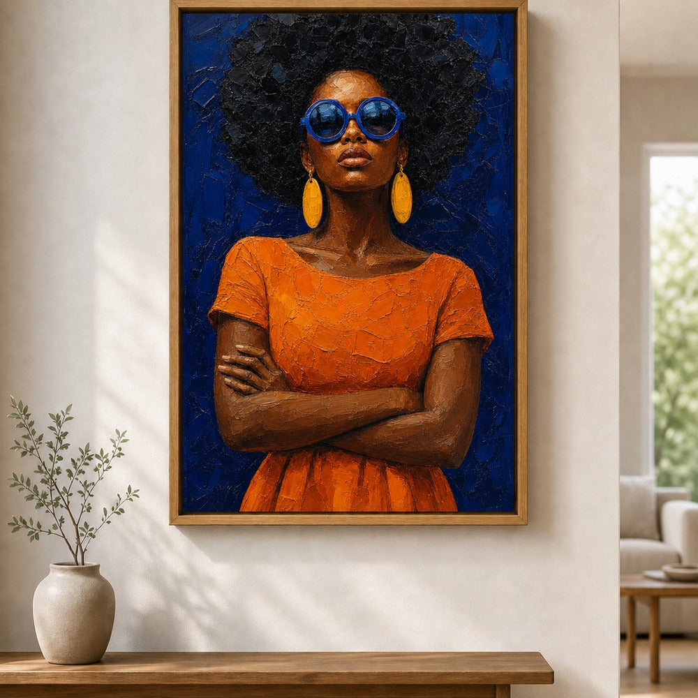 Confident Woman with Blue Sunglasses Floater Frame Canvas Wall Art — alternate room scene in a brown floater frame
