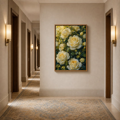 Cream White Roses Impasto Floral Wall Art - 05_warm_oak_diverse_wall_scene