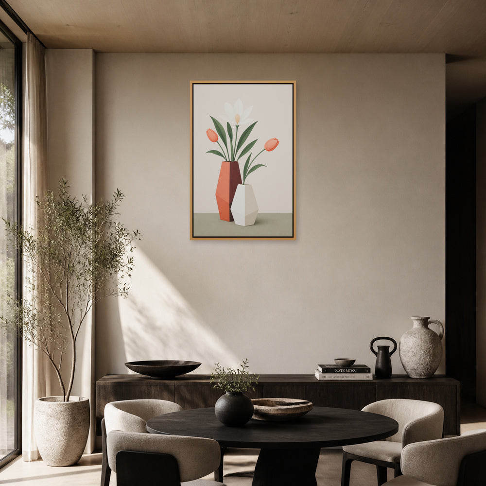 Geometric Vases Floral Arrangement Floating Frame Wall Art - 05_warm_oak_wall_scene