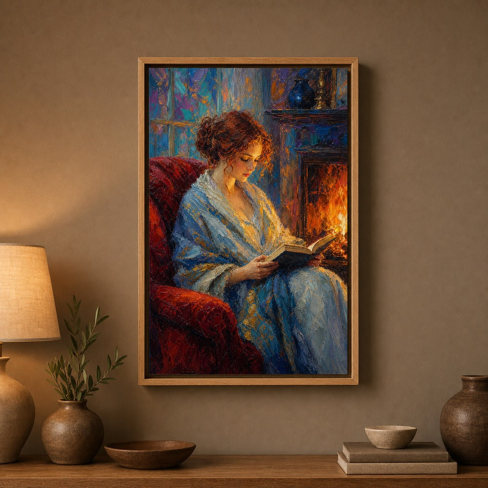Reading Woman Fireplace Impasto Wall Art floating frame wall art - 05