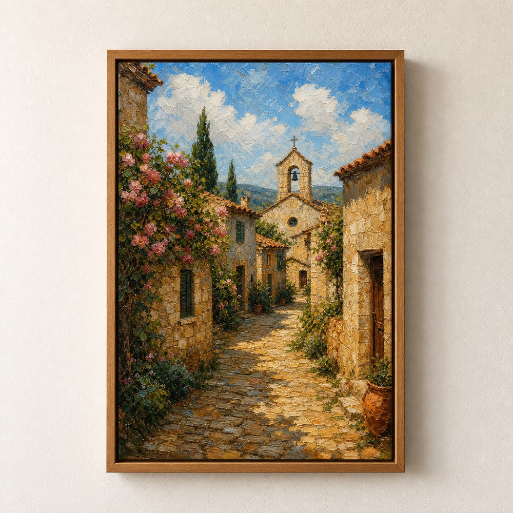 Sunny European Stone Village Impasto Wall Art floating frame wall art - 05