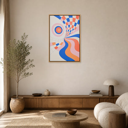 Colorful Optical Illusion Geometric Floating Frame Wall Art - 05_warm_oak_wall_scene