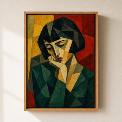 Cubist Woman Bob Green Red Yellow Wall Art floating frame wall art - 05