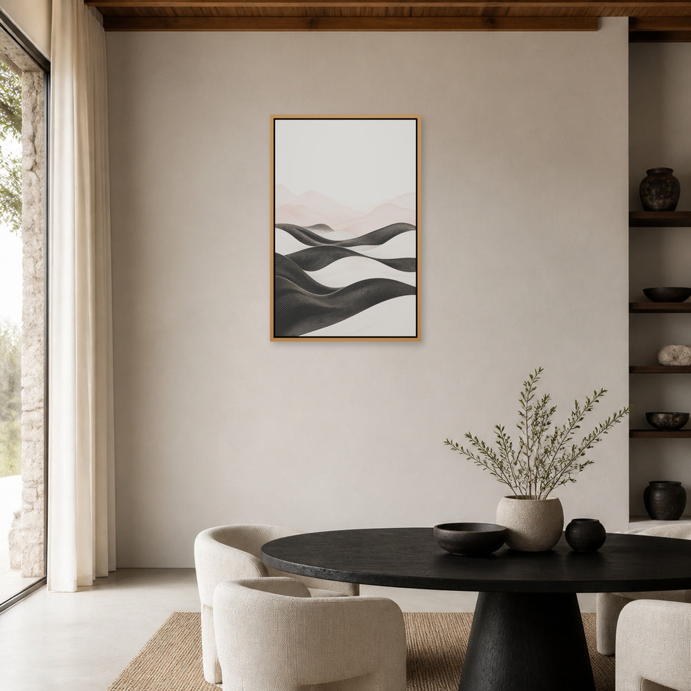 Linear Dunes Minimalist Floating Frame Wall Art - 05_warm_oak_wall_scene