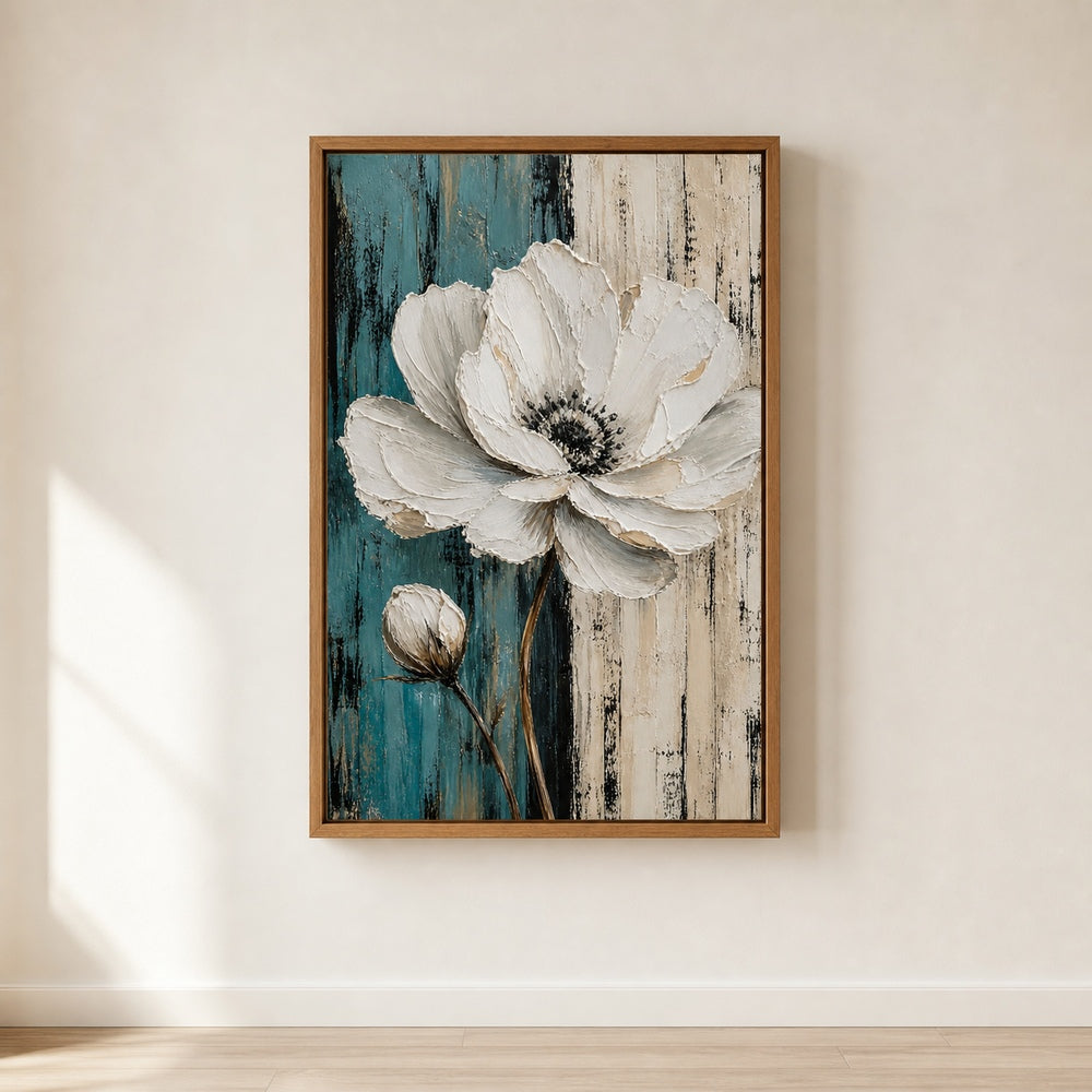 White Flower Blue Beige Stripes Wall Art floating frame wall art - 05