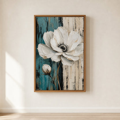 White Flower Blue Beige Stripes Wall Art floating frame wall art - 05