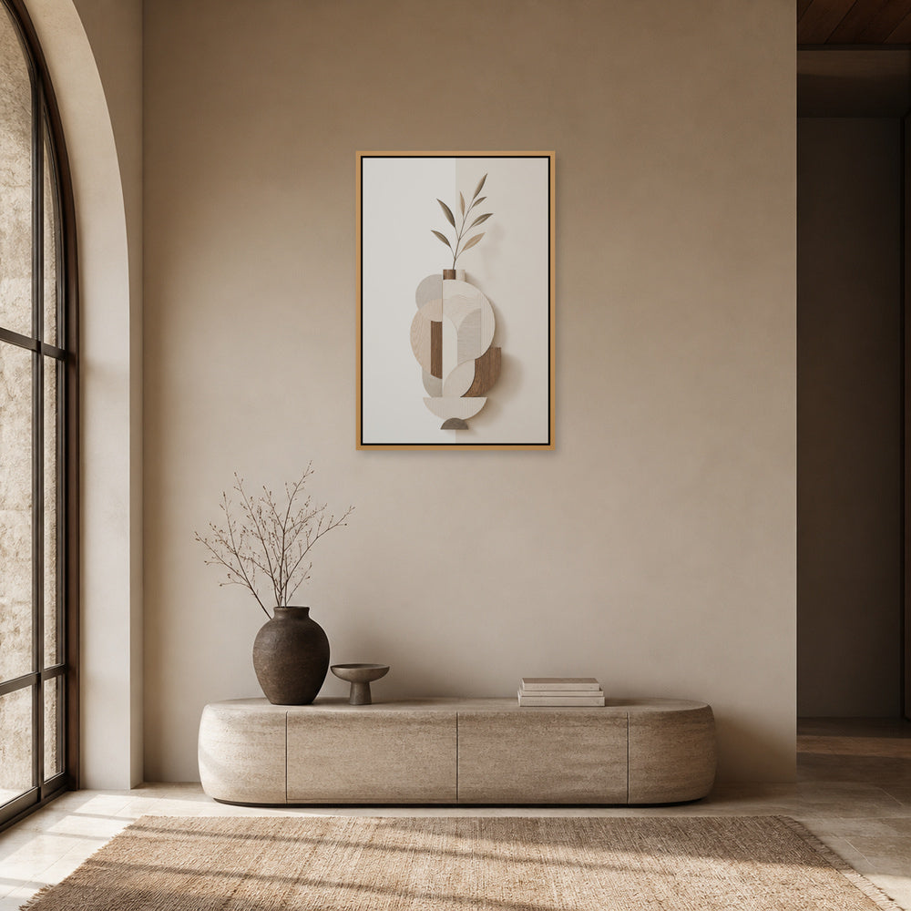 Earth Tone Geometric Vase Collage Floating Frame Wall Art - 05_warm_oak_wall_scene