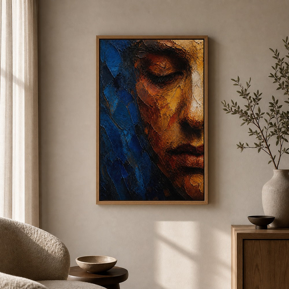 Abstract Impasto Face Blue Ochre Wall Art floating frame wall art - 05