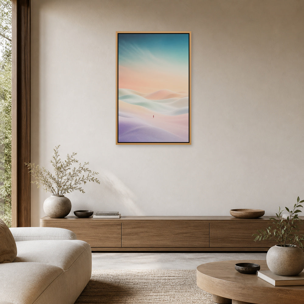 Pastel Solitude Dunes Floating Frame Wall Art - 05_warm_oak_wall_scene