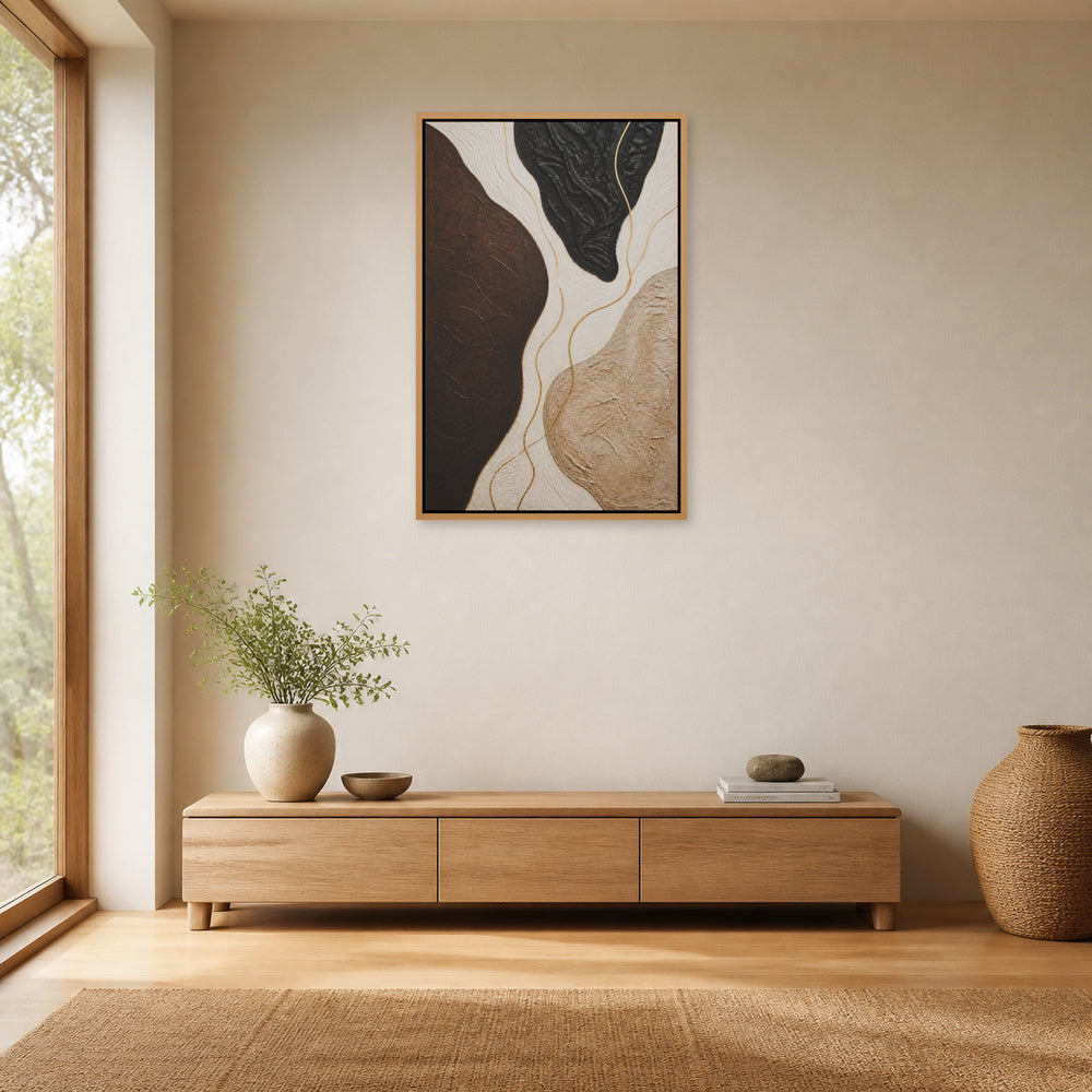 Neutral Organic Forms Abstract Floating Frame Wall Art - 05_warm_oak_wall_scene