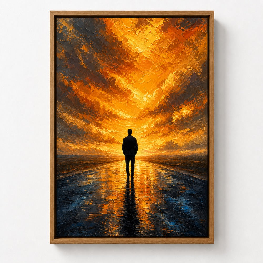 Solitary Man on Golden Horizon Floater Frame Canvas Wall Art — alternate room scene in a brown floater frame