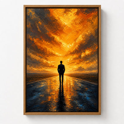 Solitary Man on Golden Horizon Floater Frame Canvas Wall Art — alternate room scene in a brown floater frame