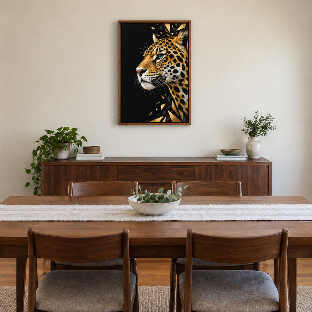 low-poly jaguar profile in brown frame room scene