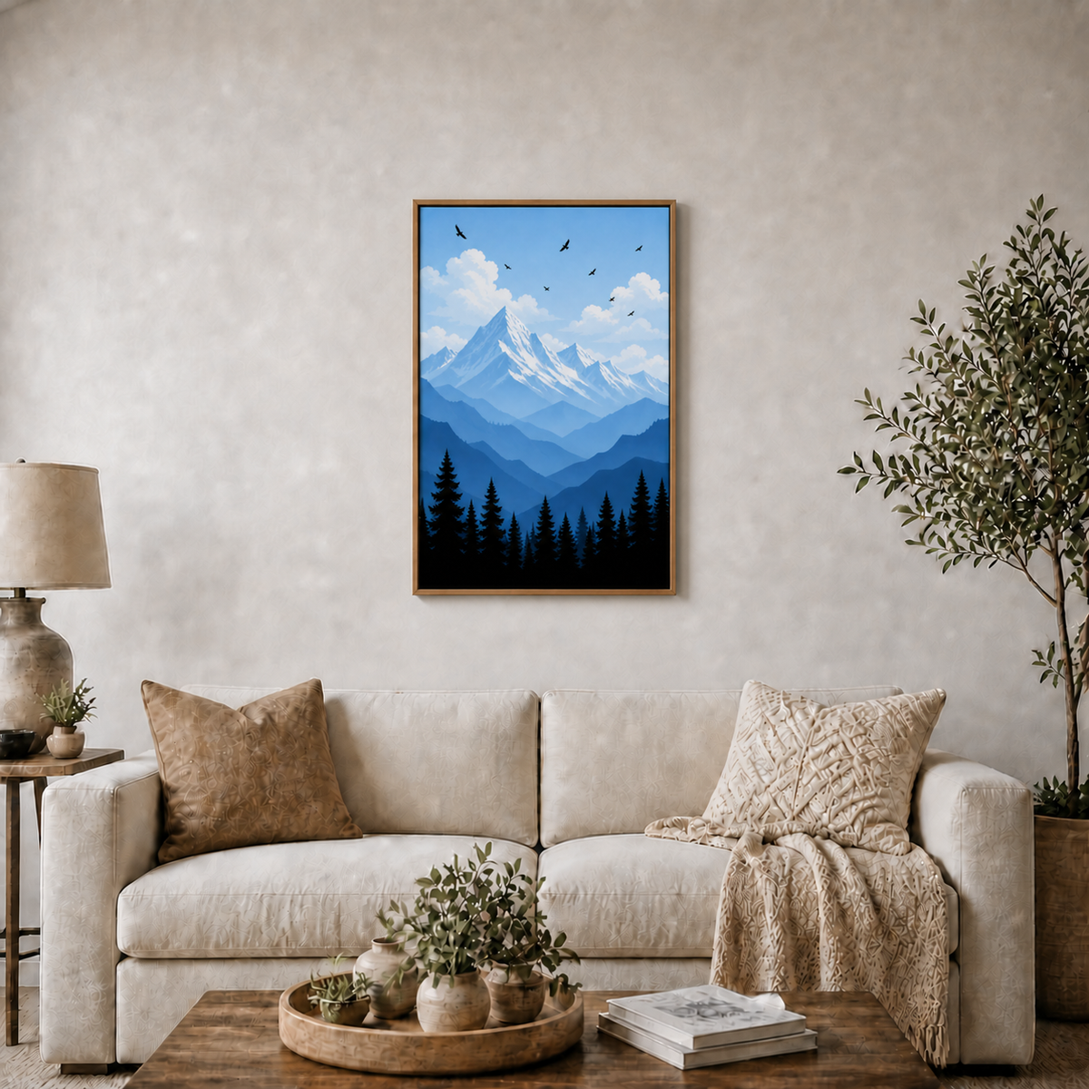 Blue Mountain Pine Forest Floating Frame Wall Art - Brown Frame wall scene