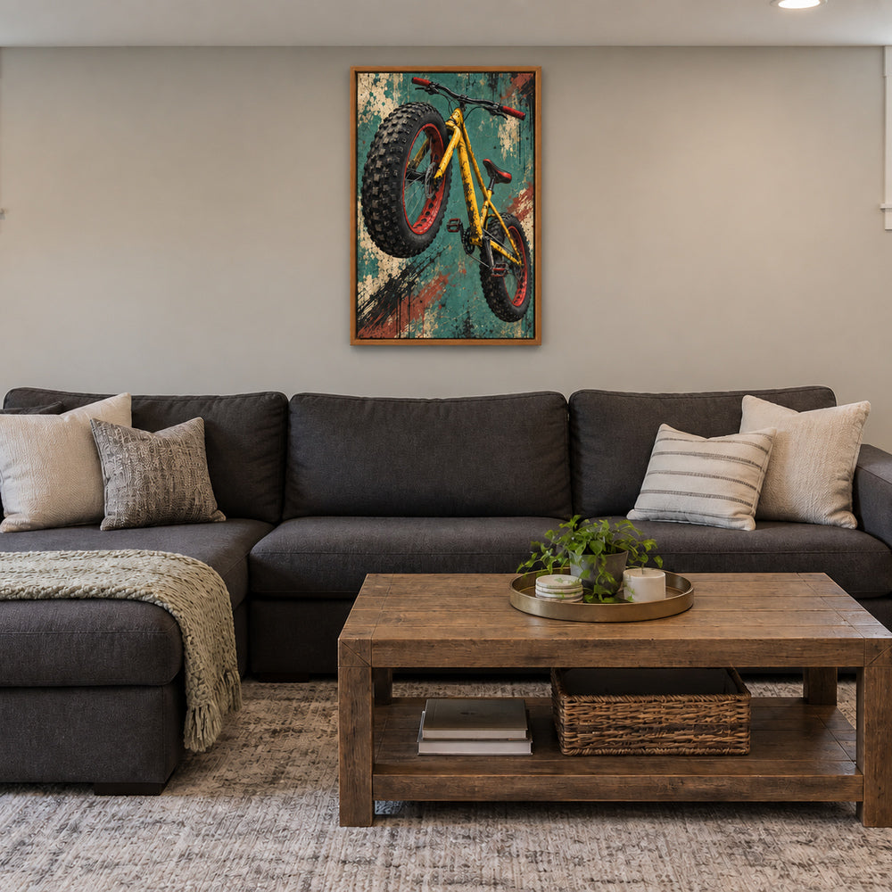 fat-tire bicycle graffiti artwork in brown frame room scene