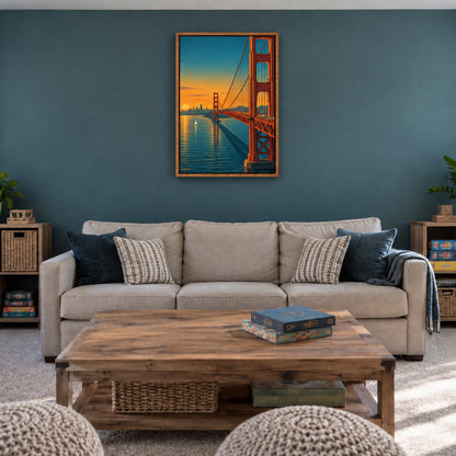 Golden Gate Bridge sunset travel poster from bridge deck in brown frame room scene