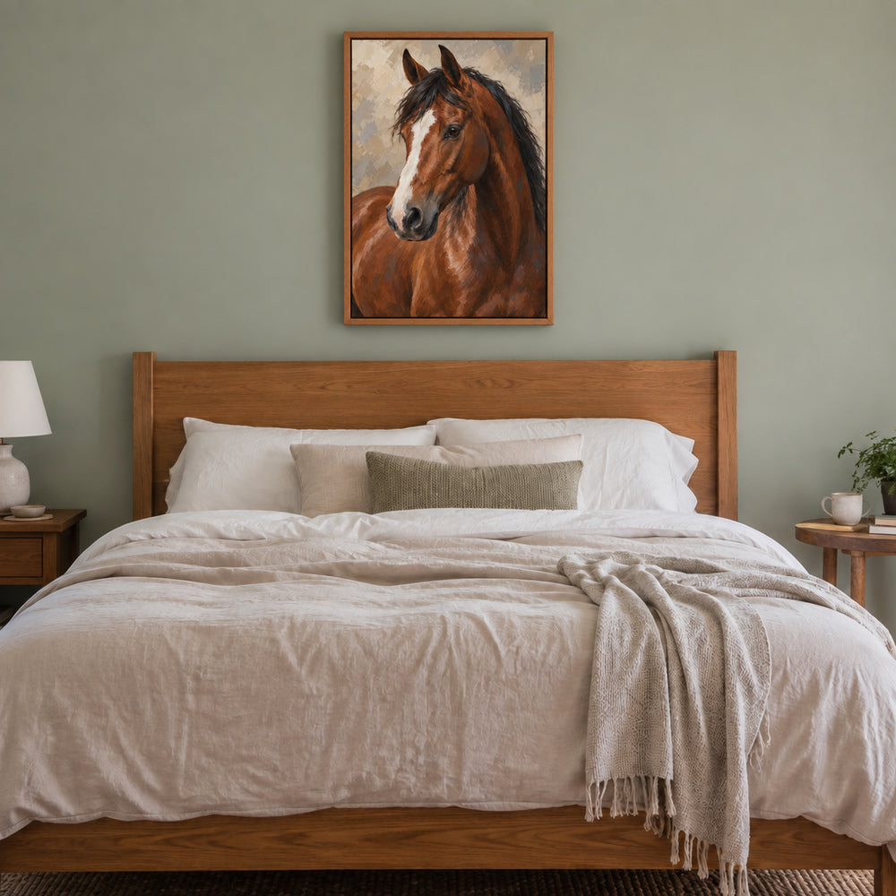 chestnut horse oil-painting-style portrait in brown frame room scene