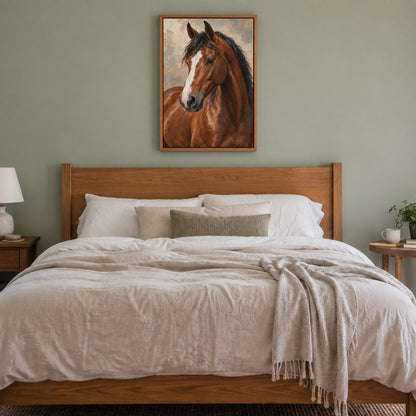 chestnut horse oil-painting-style portrait in brown frame room scene