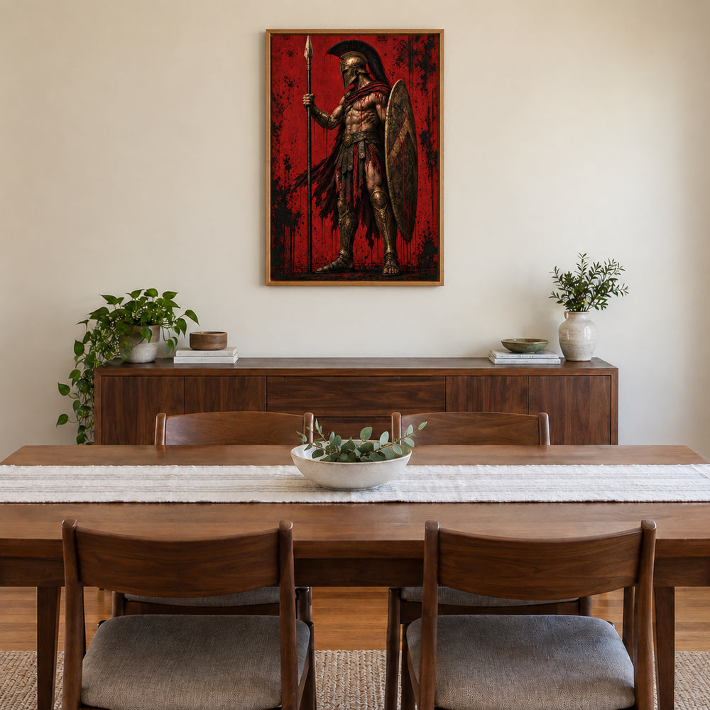 ancient Greek hoplite warrior in crimson grunge composition in brown frame room scene
