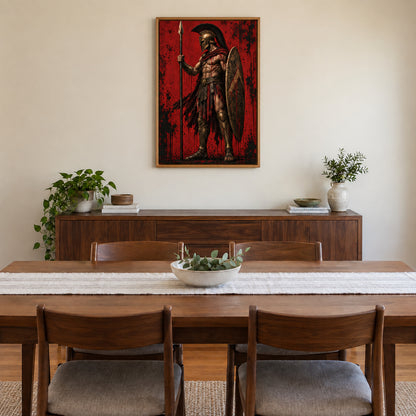ancient Greek hoplite warrior in crimson grunge composition in brown frame room scene