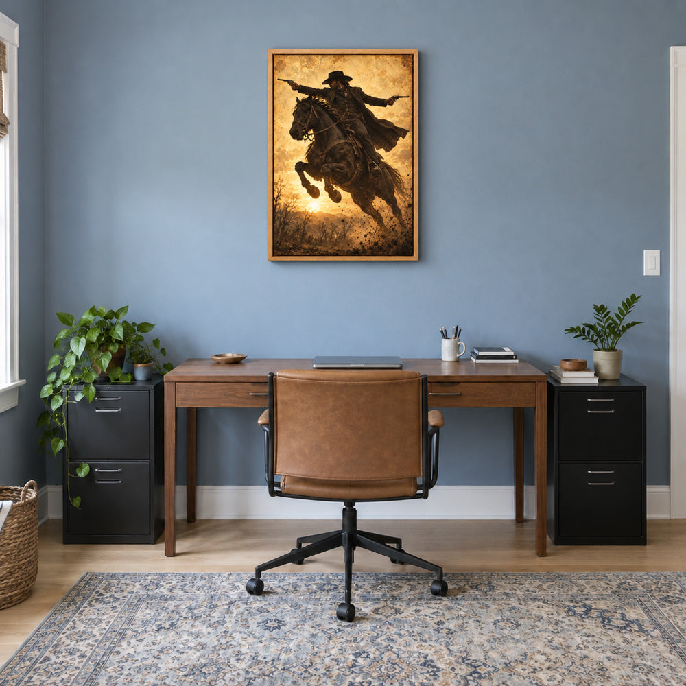 anonymous outlaw cowboy riding horse with twin revolvers in brown frame room scene