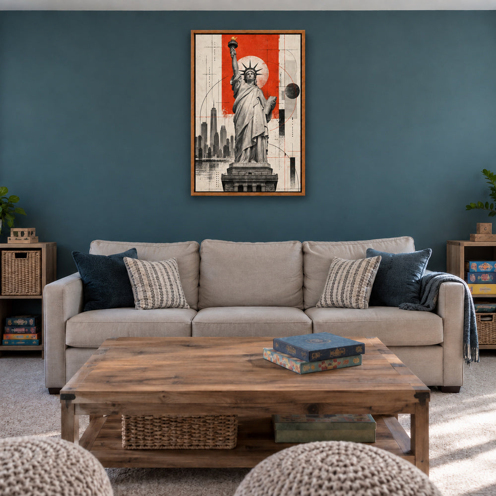 Statue of Liberty architectural collage in brown frame room scene
