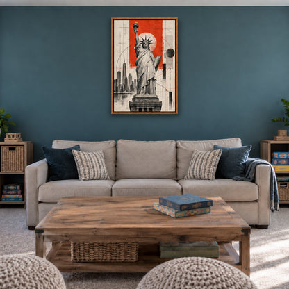 Statue of Liberty architectural collage in brown frame room scene