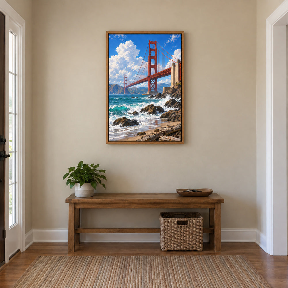 Golden Gate Bridge above rocky coast and breaking waves in brown frame room scene