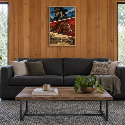 original cowboy horse and frontier buildings three-panel comic in brown frame room scene