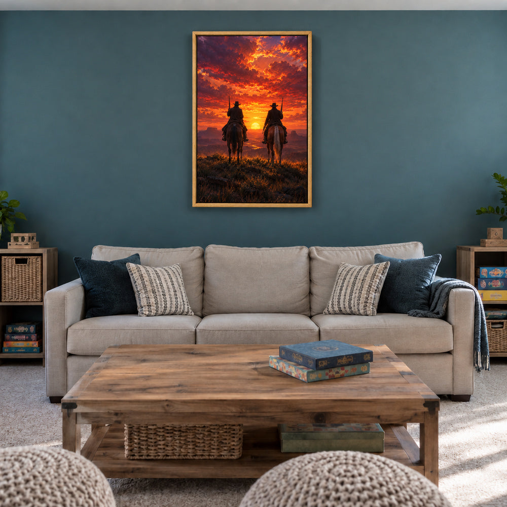 two anonymous cowboys in sunset silhouette in brown frame room scene