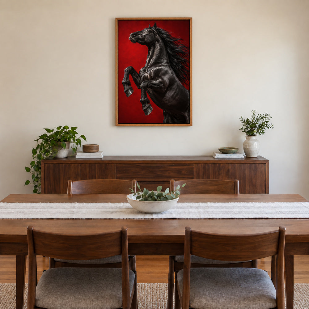 black rearing horse against deep red studio backdrop in brown frame room scene