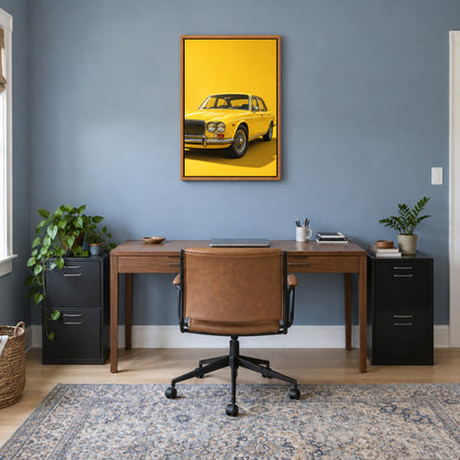 original yellow vintage sedan in clean studio setting in brown frame room scene