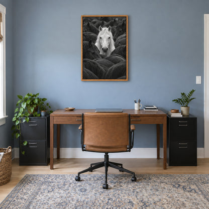 white horse centered in a dark herd black-and-white photograph in brown frame room scene