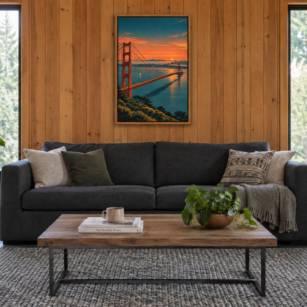 Golden Gate Bridge over bay at dusk from high overlook in brown frame room scene