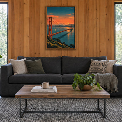 Golden Gate Bridge over bay at dusk from high overlook in brown frame room scene