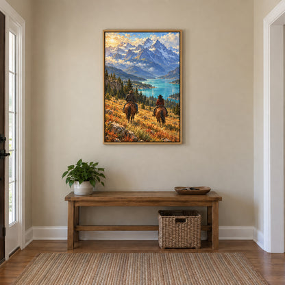 two anonymous Western riders in alpine lake valley in brown frame room scene