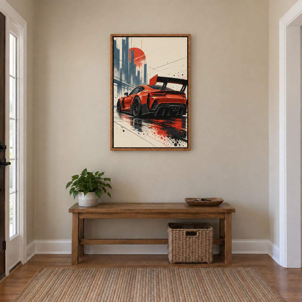 original red-orange track car comic artwork in brown frame room scene