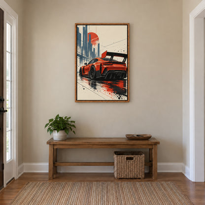 original red-orange track car comic artwork in brown frame room scene