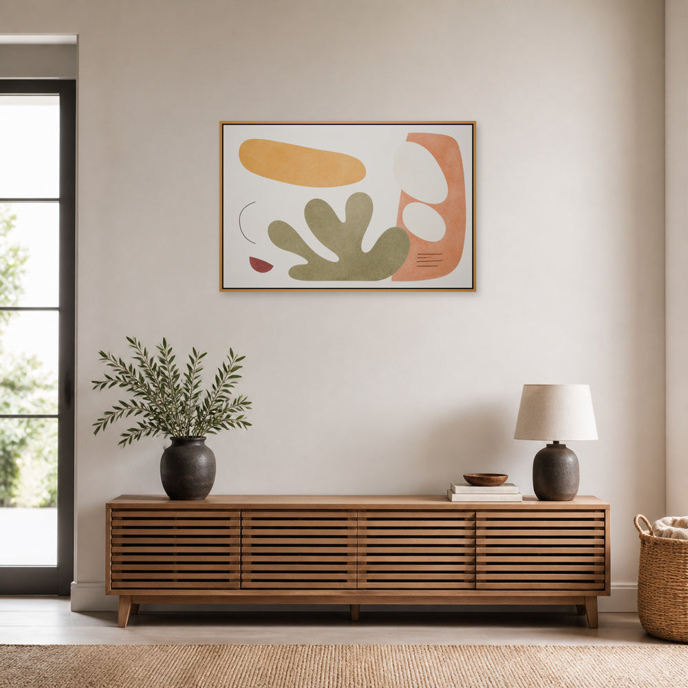 Soft Mid Century Organic Geometric Floating Frame Wall Art - 05_warm_oak_wall_scene
