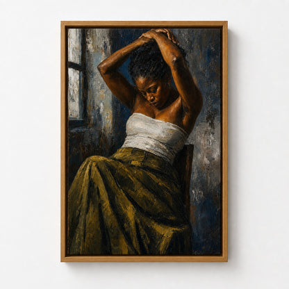 Contemplative Seated Woman Floater Frame Canvas Wall Art — alternate room scene in a brown floater frame