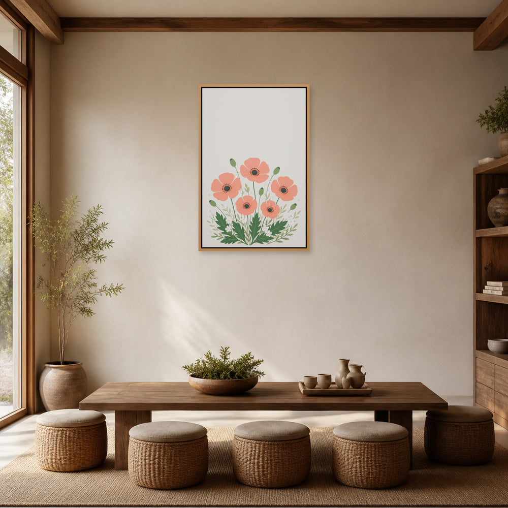 Five Coral Poppies Botanical Floating Frame Wall Art - 05_warm_oak_wall_scene
